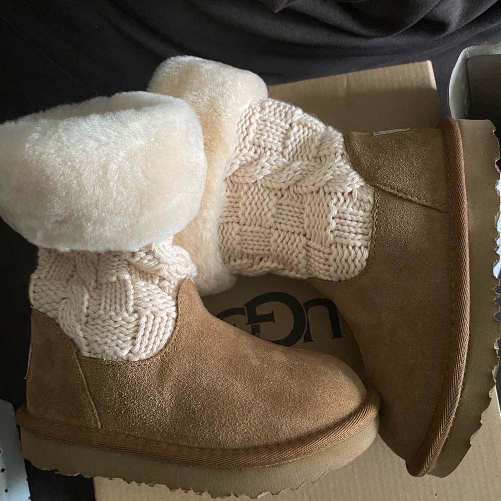 UGG JUNIPER GENUINE SHEARLING KNIT SHAFT BOOTS- TODDLER
